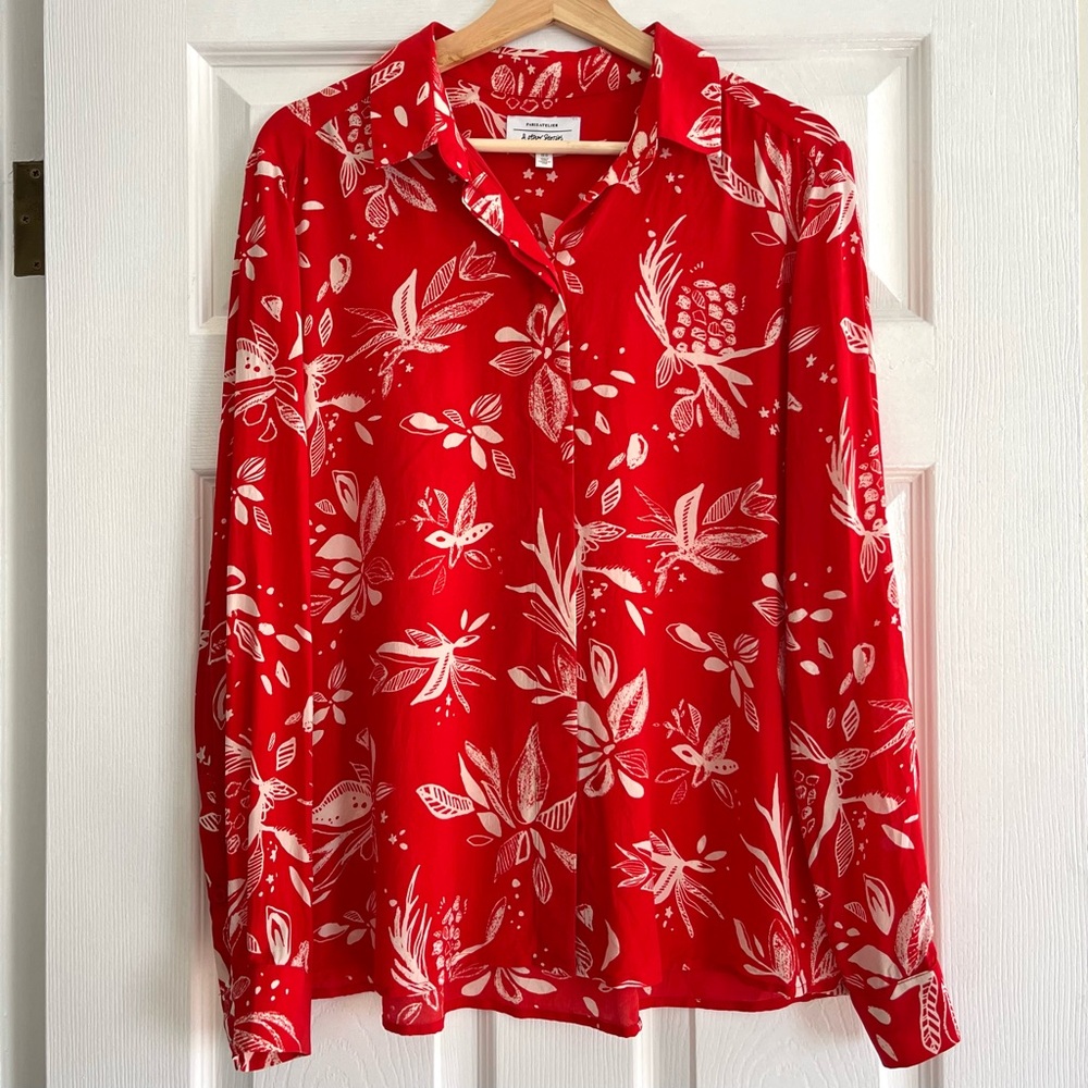 & Other Stories 100% Silk Long Sleeve Button Down Collared Blouse Red & White 10 - Picture 2 of 16